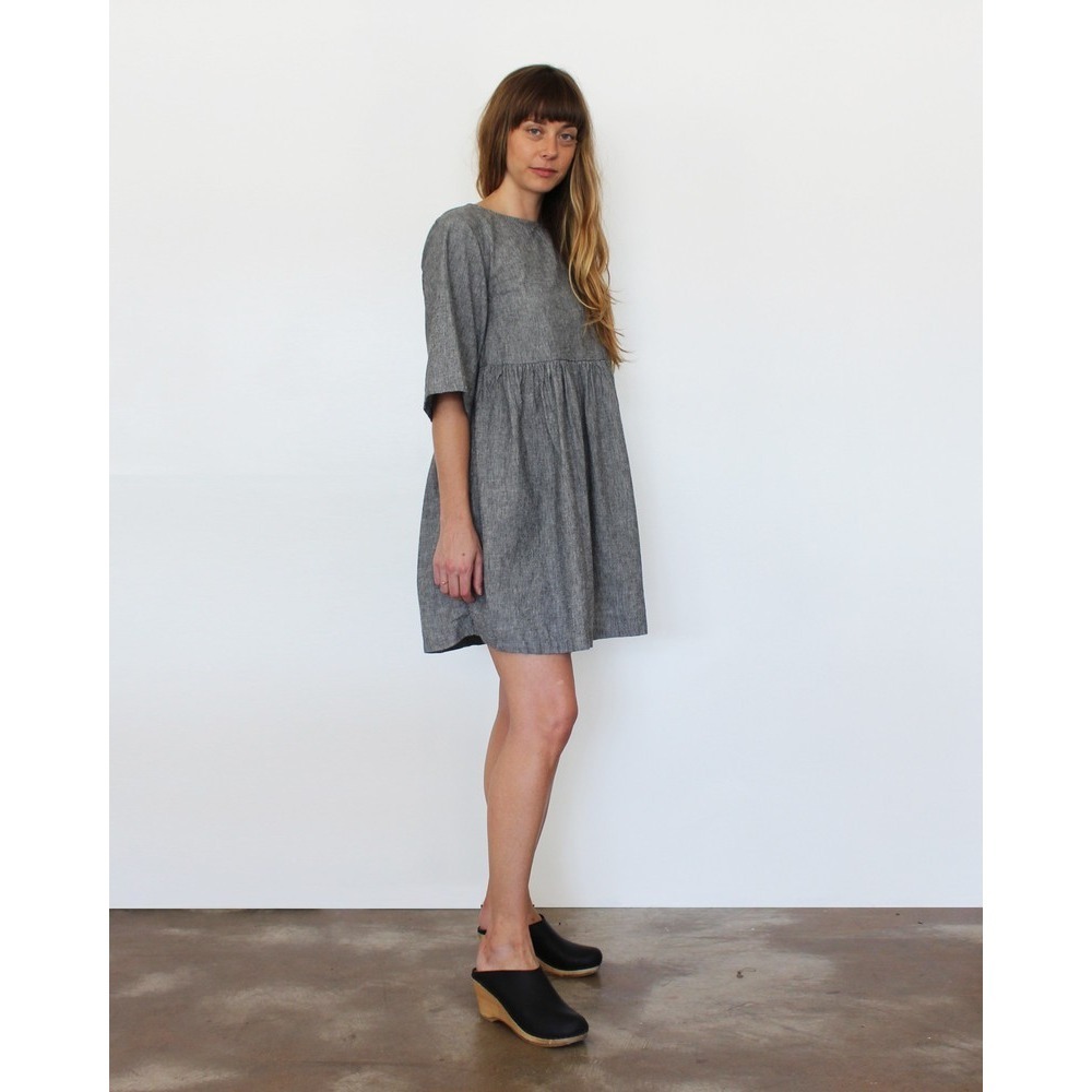Esby Willow Babydoll Cotton Flax Striped Dress In Grey Stripe Women's Size M